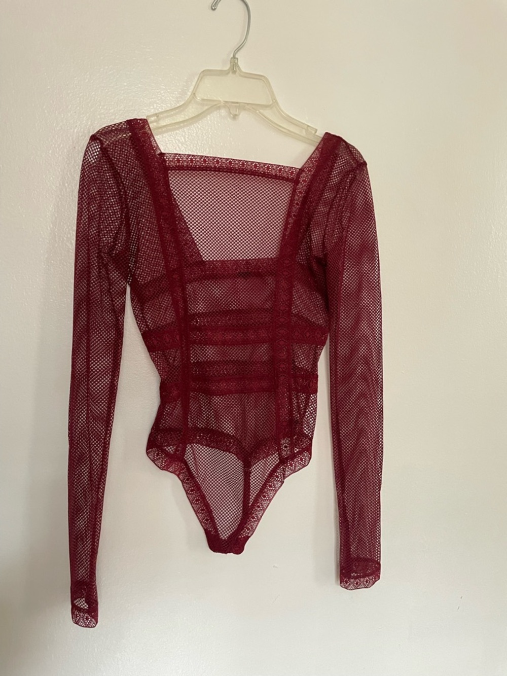 Victoria's Secret Burgundy Sheer Long-Sleeve Mesh Bodysuit